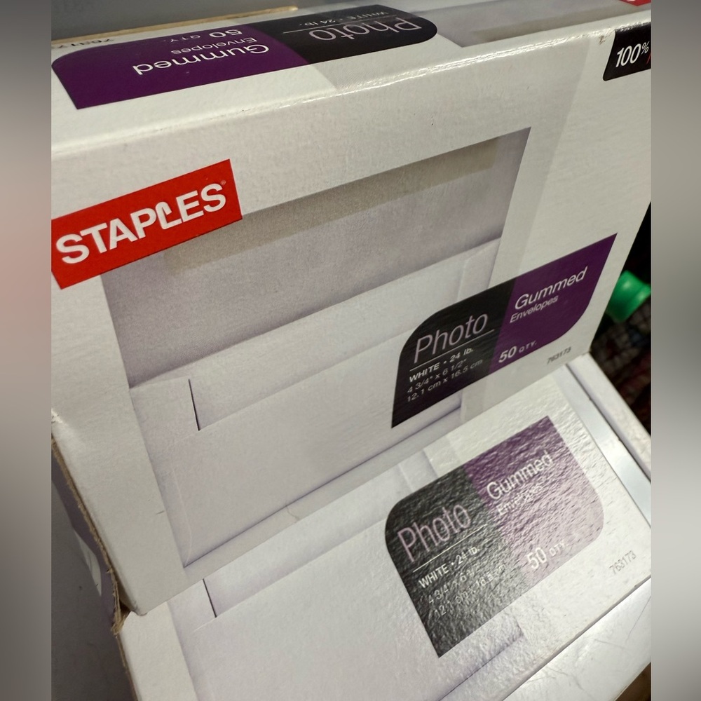 NEW. A6 photo envelopes Staples brand pack of 50 white gummed envelopes.